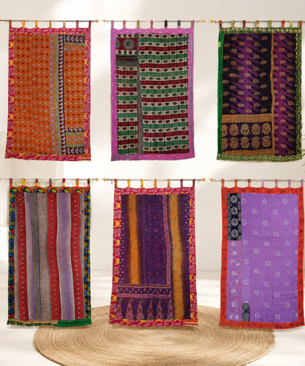Vintage Kantha Patchwork Curtain 1 Pc – Multicolor Cotton Sari Window Panel Boho Tab Top Curtain