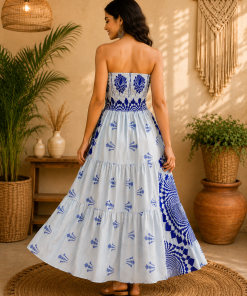 Alternative view of White & Royal Blue Floral Maxi Dress – Strapless Smocked Tiered Boho Summer Dress