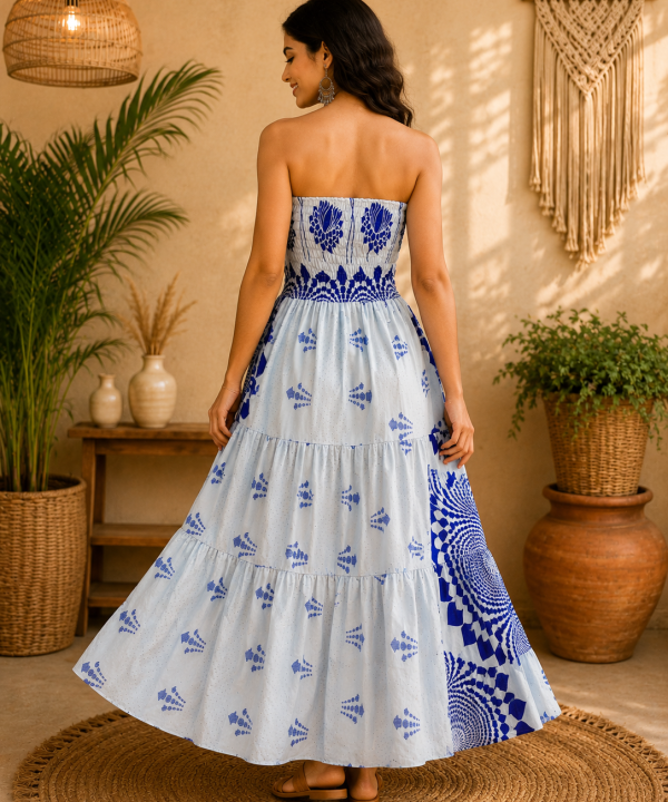 Alternative view of White & Royal Blue Floral Maxi Dress – Strapless Smocked Tiered Boho Summer Dress