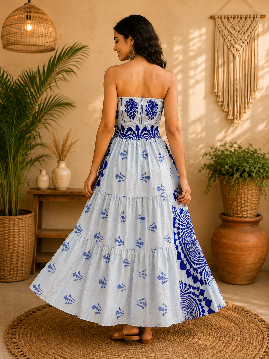 White & Royal Blue Floral Maxi Dress – Strapless Smocked Tiered Boho Summer Dress - Image 2