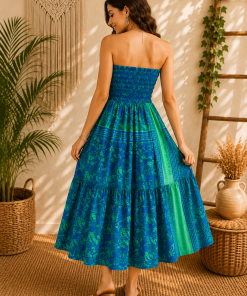 Alternative view of Royal Blue & Green Floral Maxi Dress – Strapless Smocked Boho Tiered Summer Dress