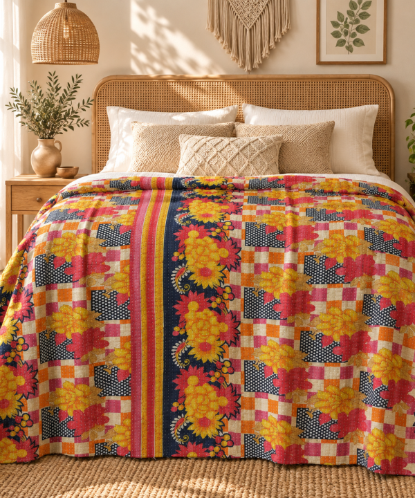 Alternative view of Vintage Kantha Quilt Handmade Recycled Sari Throw – Multicolor Floral Patchwork Bedspread