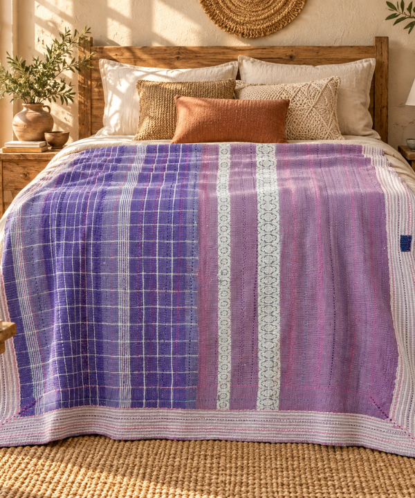 Alternative view of Purple & Lavender Vintage Kantha Quilt 60 x 90 Inches – Handmade Cotton Bedspread – One of a Kind