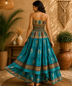 Alternative view of Turquoise Blue & Brown Printed Maxi Dress – Strapless Smocked Tiered Boho Summer Dress
