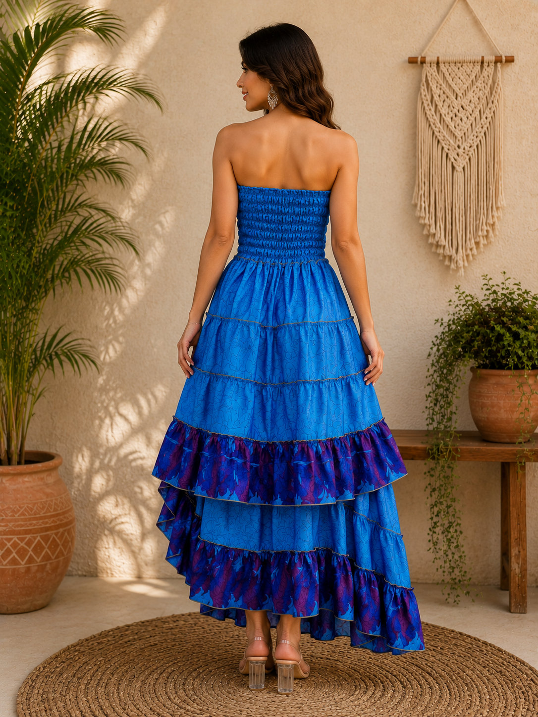 Royal Blue & Purple Maxi Dress – Strapless Smocked Tiered High Low Boho Summer Dress - Image 2