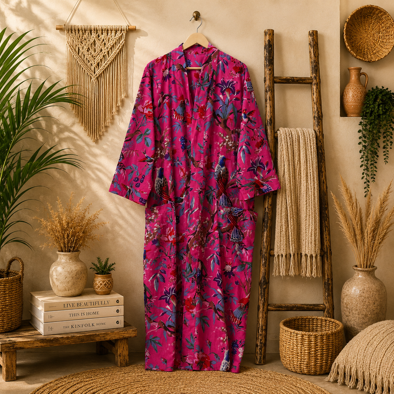 Hot Pink Floral Bird Print Cotton Long Kimono Robe for Women – Boho Maxi Kimono Jacket, Free Size with Pockets - Image 4
