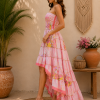 Pink Floral Patchwork Maxi Dress – Strapless Smocked Tiered Boho Summer Dress, High Low Festival Dress - Image 3