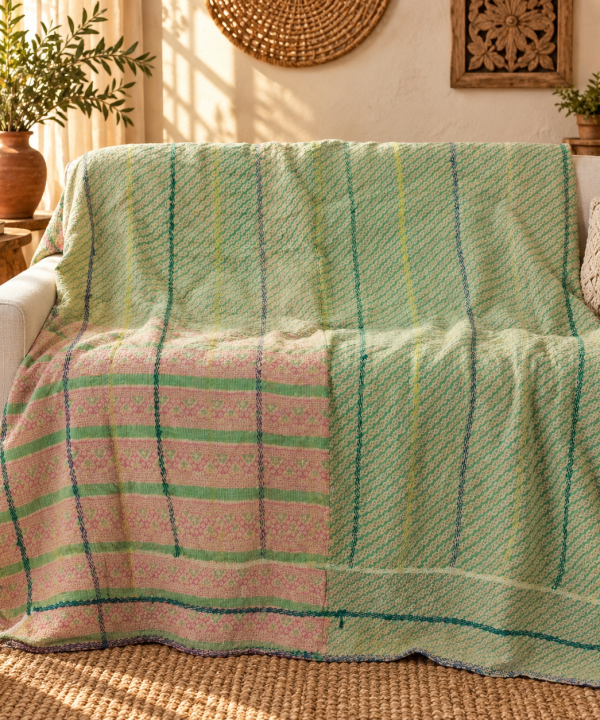 Vintage Kantha Quilt Green Pink Cotton Throw – Handmade Indian Bedspread 60 x 90 Inches