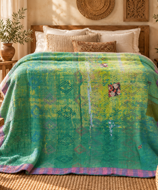 Alternative view of Emerald Green Vintage Kantha Quilt 60 x 90 Inches – Handmade Cotton Bedspread Throw – One of a Kind