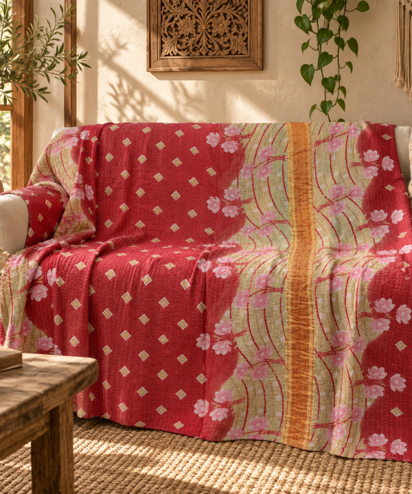 Vintage Handmade Kantha Quilt – Coral Red & Pink Floral Recycled Sari Throw | Reversible Indian Bedspread