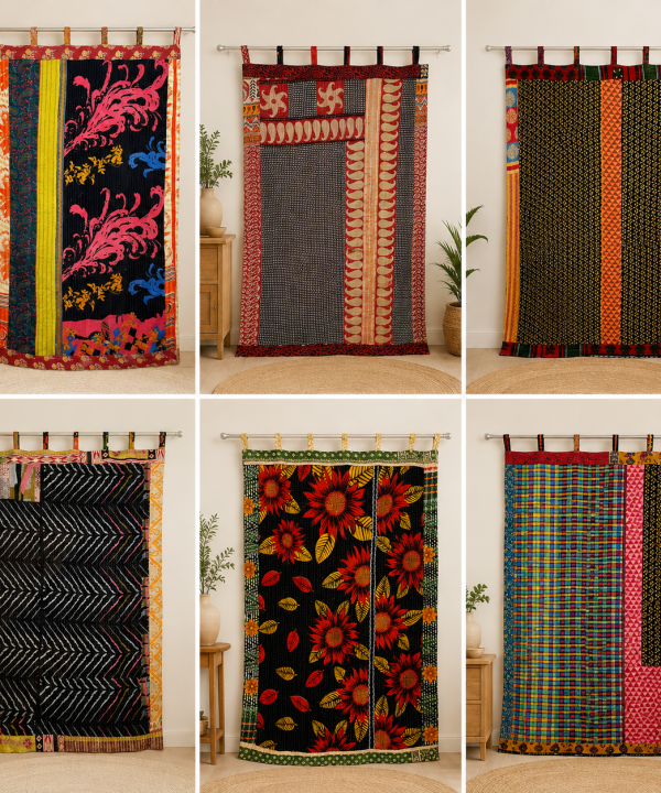Alternative view of Vintage Kantha Patchwork Curtain 1 Pc – Multicolor Cotton Sari Window Panel Boho Tab Top Curtain