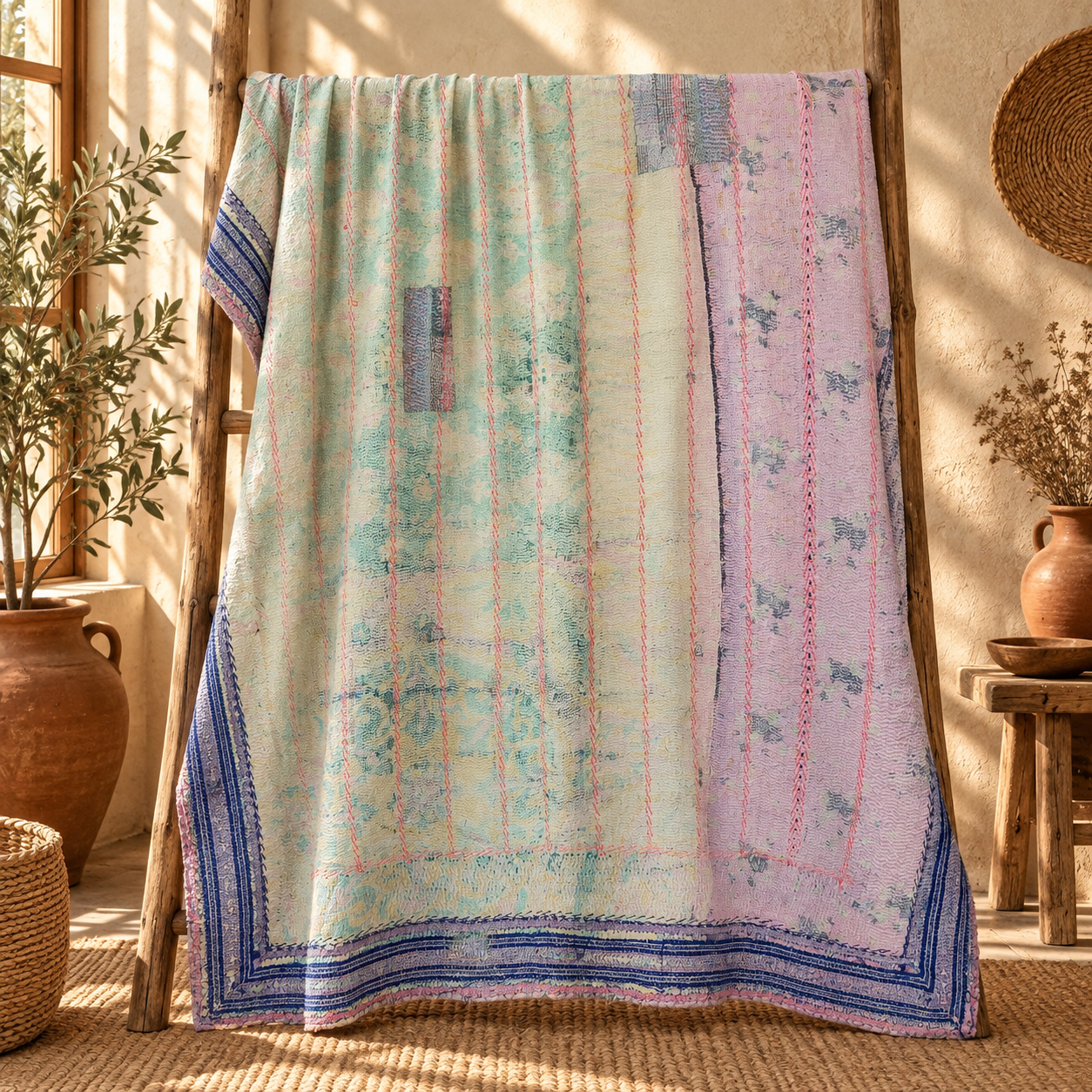 Vintage Blue Kantha Quilt 60x90 Inches – Hand Stitched Cotton Boho Bedspread & Sofa Throw - Image 5