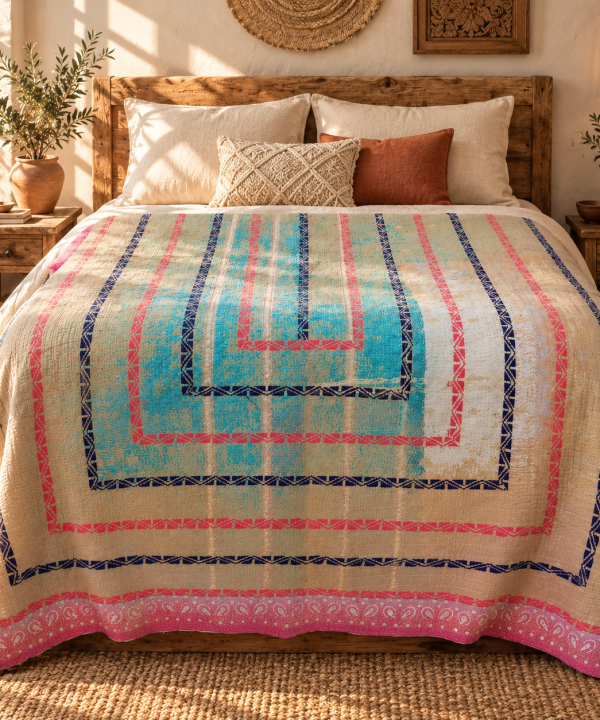 Alternative view of Vintage Turquoise Pink Kantha Quilt – Handmade Cotton Bedspread Throw 60 x 90 Inches