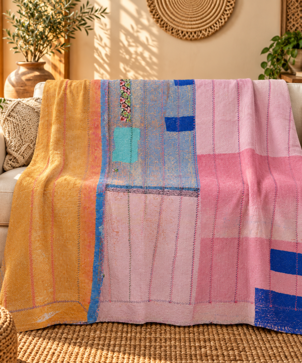 Pink & Mustard Yellow Vintage Kantha Quilt 60 x 90 Inches – Handmade Cotton Patchwork Bedspread