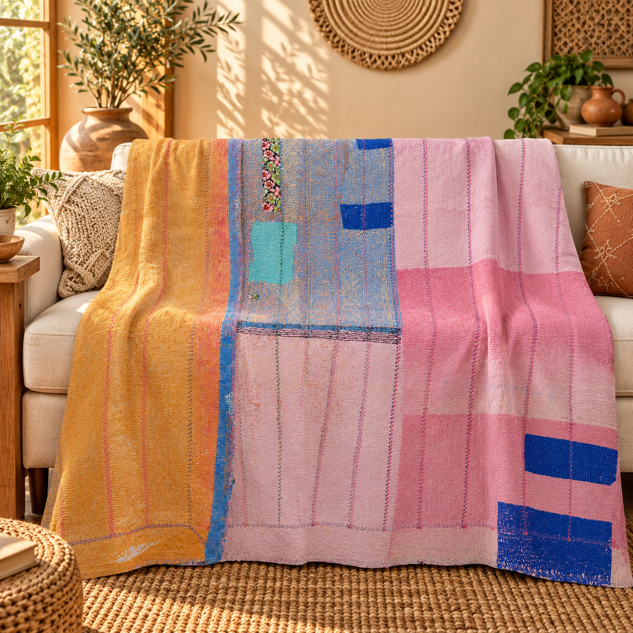 Pink & Mustard Yellow Vintage Kantha Quilt 60 x 90 Inches – Handmade Cotton Patchwork Bedspread