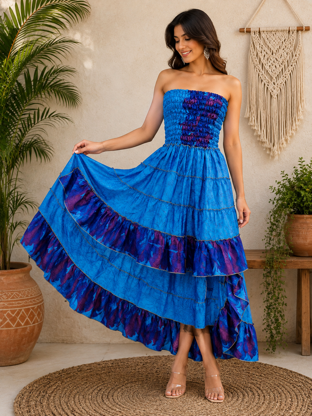 Royal Blue & Purple Maxi Dress – Strapless Smocked Tiered High Low Boho Summer Dress