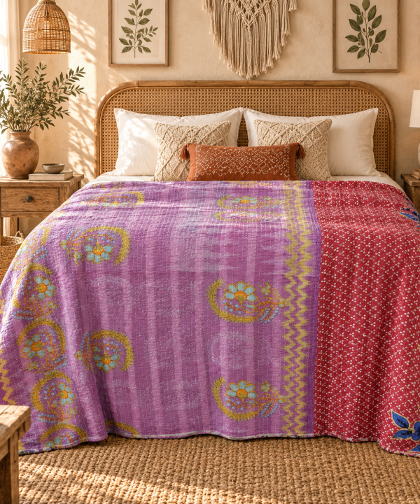 Alternative view of Vintage Handmade Kantha Quilt – Lavender Purple & Red Floral Recycled Sari Cotton Bed Throw