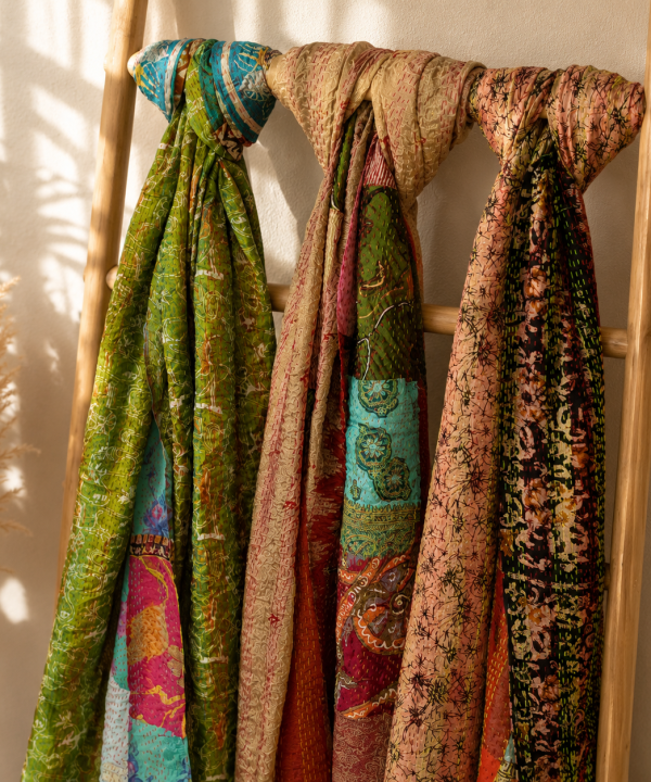 Vintage Kantha Patchwork Scarf Set – Handmade Recycled Cotton Boho Indian Shawl Wrap – 5 Pcs
