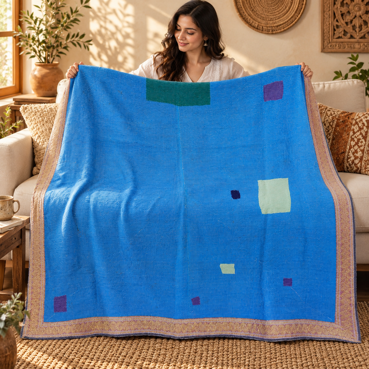 Vintage Blue Check Kantha Quilt – Hand Stitched Cotton Bedspread Throw 60 x 90 Inches - Image 3