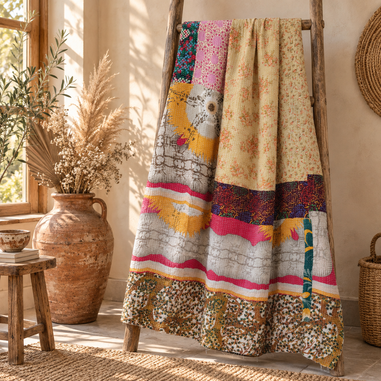 Vintage Green Kantha Quilt – Handmade Recycled Sari Cotton Bed Throw, Floral Boho Blanket MN-VKQ-TW-1343 - Image 5