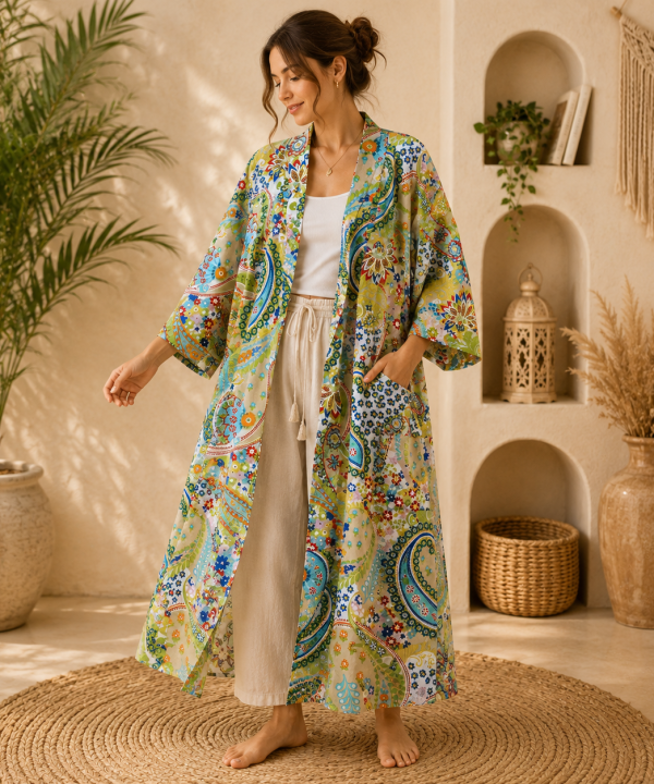 Light Green Floral Paisley Long Kimono Robe – Boho Printed Maxi Kimono Jacket for Women  Colour