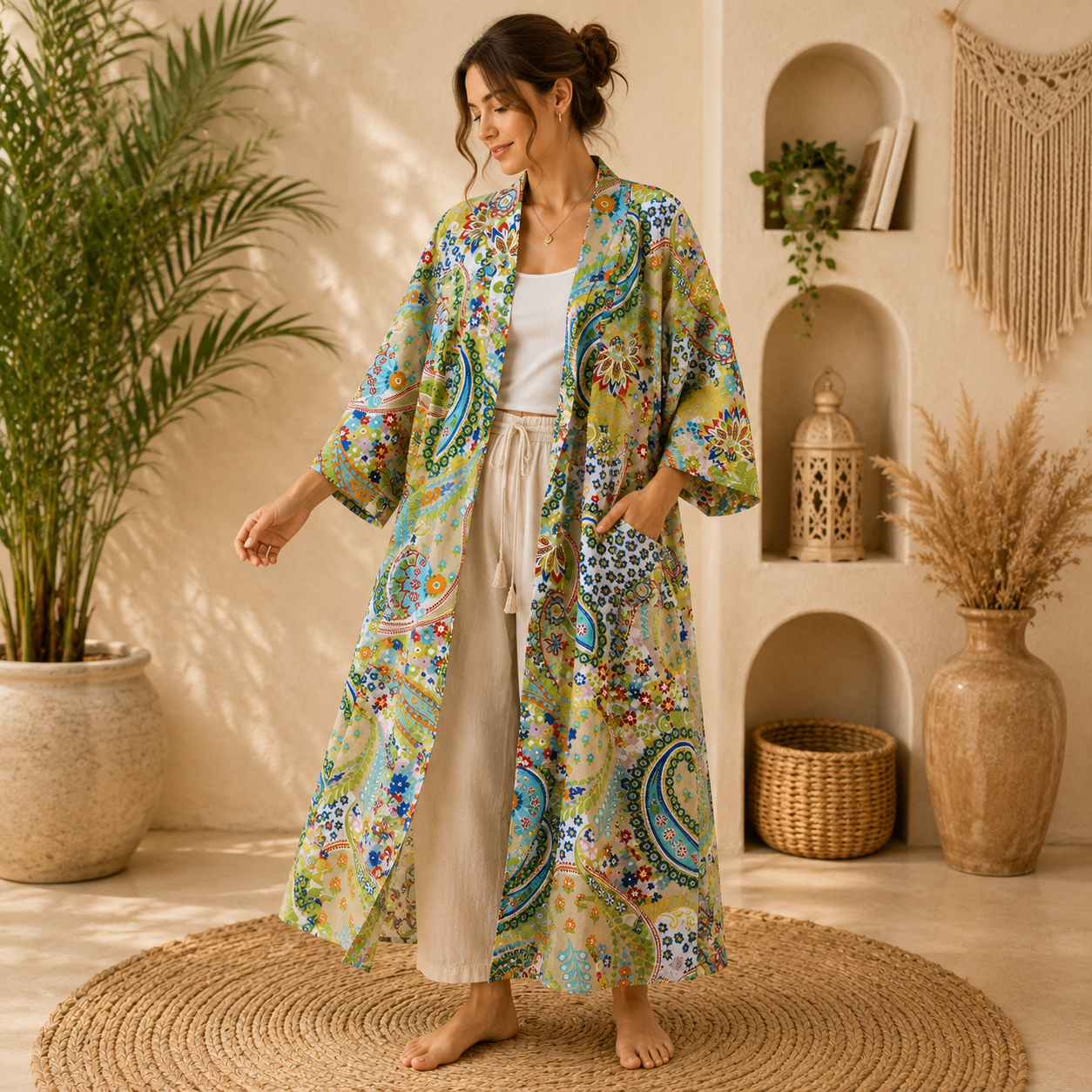 Light Green Floral Paisley Long Kimono Robe – Boho Printed Maxi Kimono Jacket for Women Colour