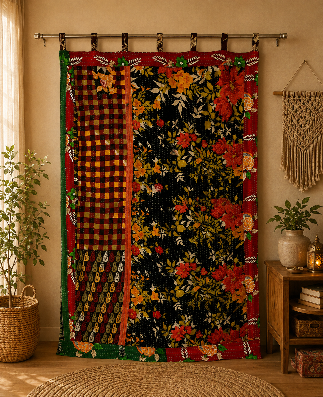 Black Vintage Kantha Curtain – Handmade Cotton Patchwork Boho Indian Window Door Curtain – 1 Pc - Image 2