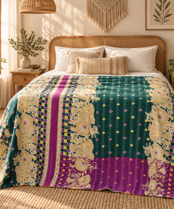 Alternative view of Vintage Handmade Kantha Quilt – Teal Green & Purple Floral Recycled Cotton Bedspread, Indian Boho Sofa Throw