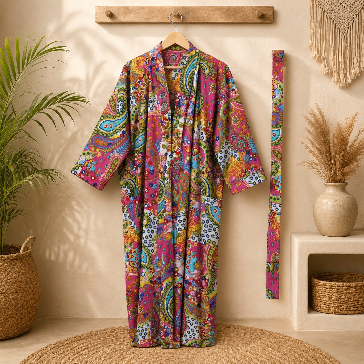 Pink Multicolor Floral Paisley Long Kimono Robe – Boho Printed Maxi Kimono Jacket for Women - Image 4