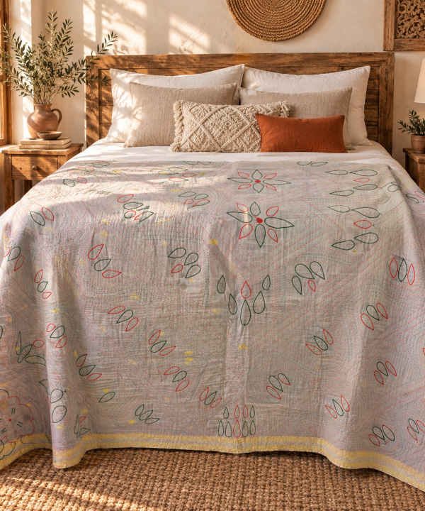 Alternative view of Vintage Handmade Kantha Quilt – Soft Grey Floral Cotton Bedspread, Hand Stitched Indian Throw, 60 x 90 Inches