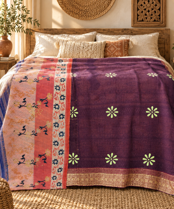 Alternative view of Vintage Purple Kantha Quilt 60x90 Inches – Handmade Cotton Boho Bedspread Throw
