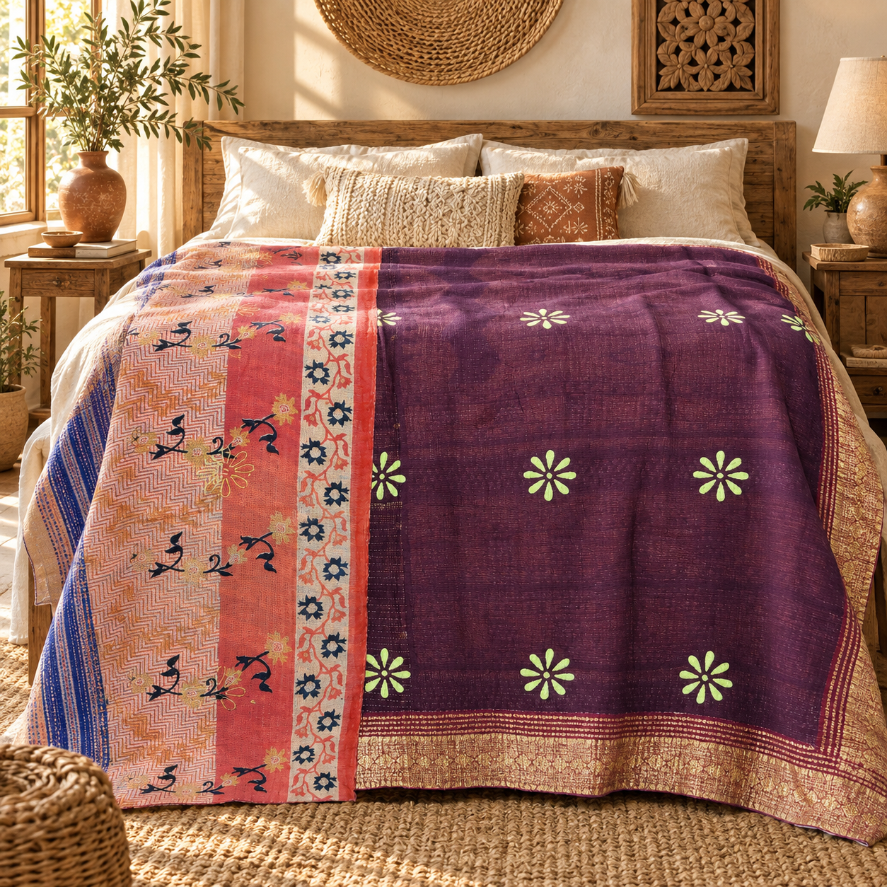 Vintage Purple Kantha Quilt 60x90 Inches – Handmade Cotton Boho Bedspread Throw - Image 2