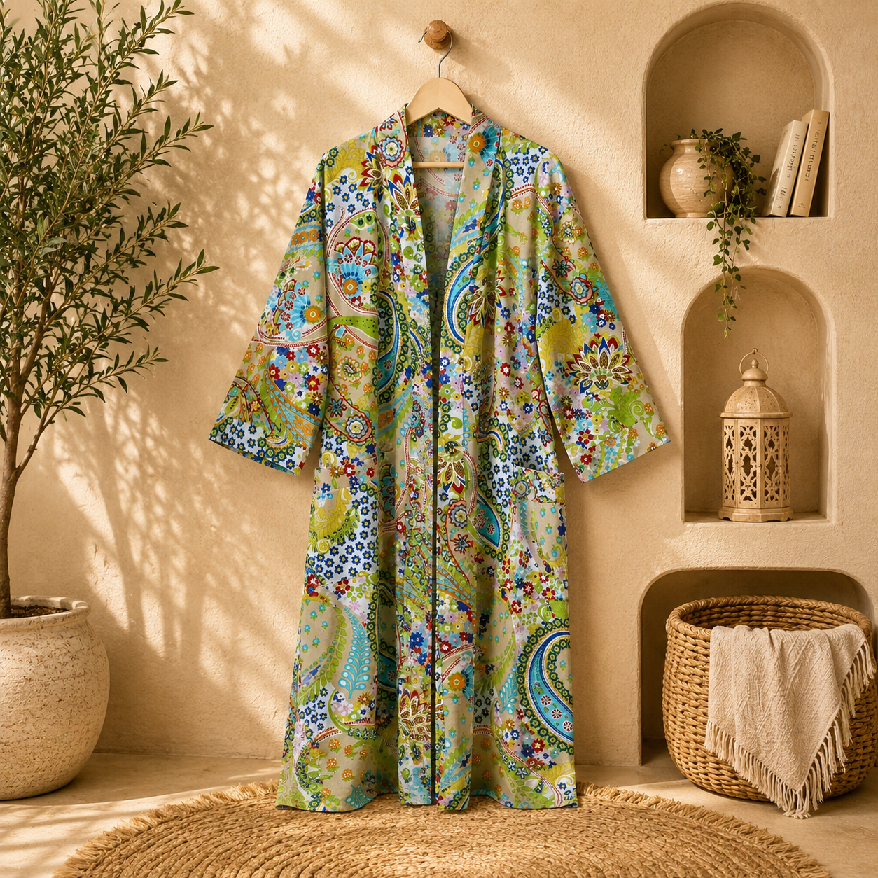 Light Green Floral Paisley Long Kimono Robe – Boho Printed Maxi Kimono Jacket for Women Colour - Image 4