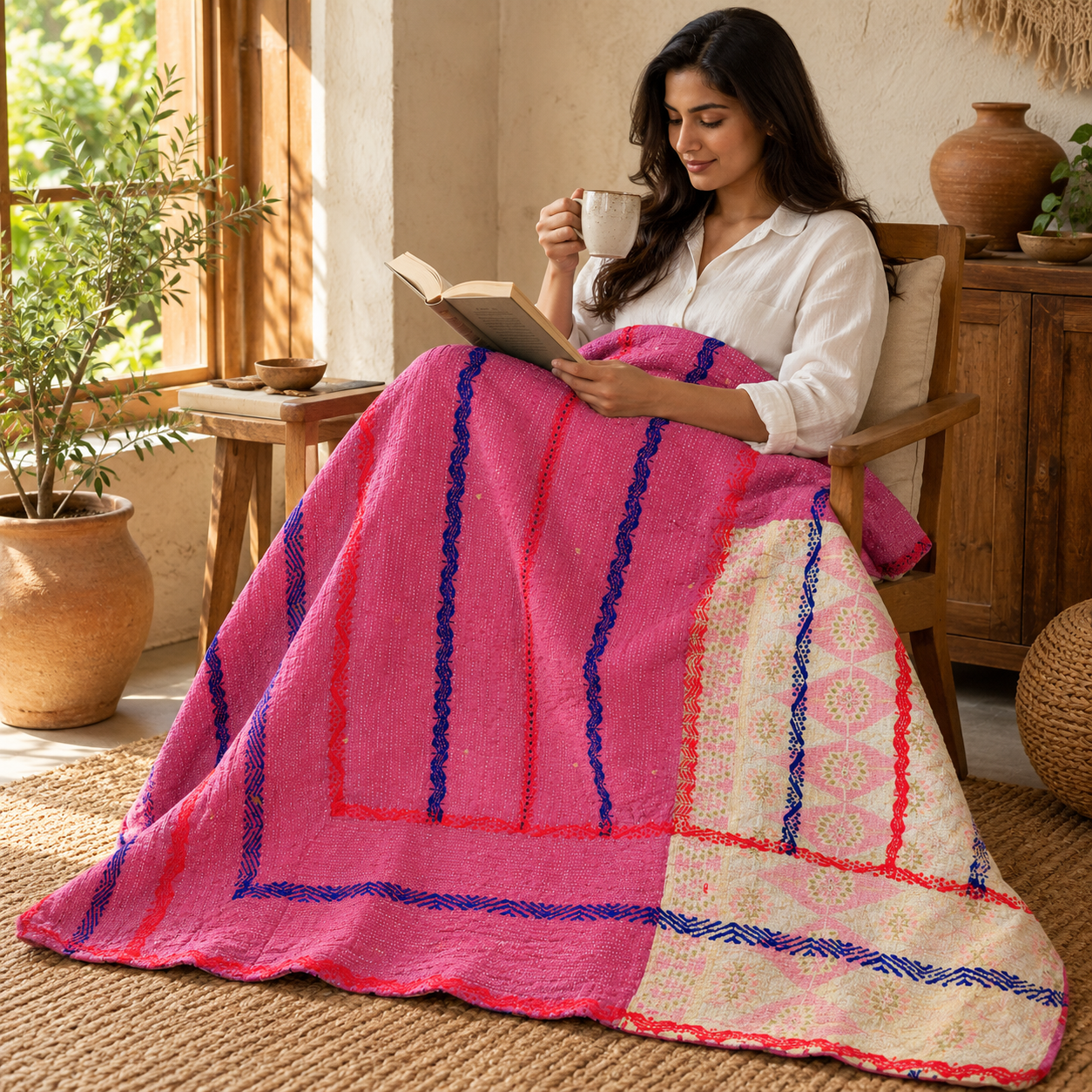 Vintage Kantha Quilt Handmade Recycled Cotton Bedspread, Indian Patchwork Throw Blanket, Boho Sofa & Picnic Quilt 50x80 Inch - Image 3