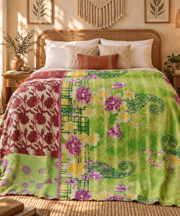 Alternative view of Vintage Green Kantha Quilt – Handmade Recycled Sari Cotton Floral Bedspread Throw