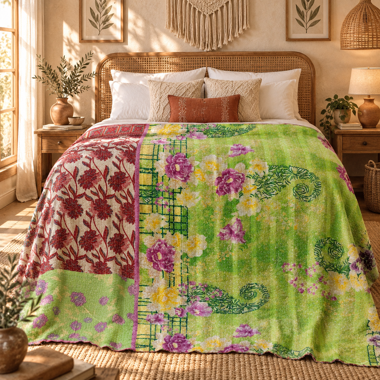 Vintage Green Kantha Quilt – Handmade Recycled Sari Cotton Floral Bedspread Throw - Image 2