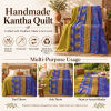 Vintage Handmade Kantha Quilt – Blue & Mustard Yellow Floral Recycled Sari Throw, Reversible Indian Bedspread - Image 4