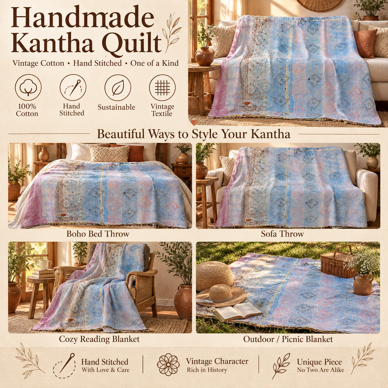 Powder Blue & Pink Vintage Kantha Quilt 60 x 90 Inches – Handmade Cotton Bedspread – One of a Kind - Image 4