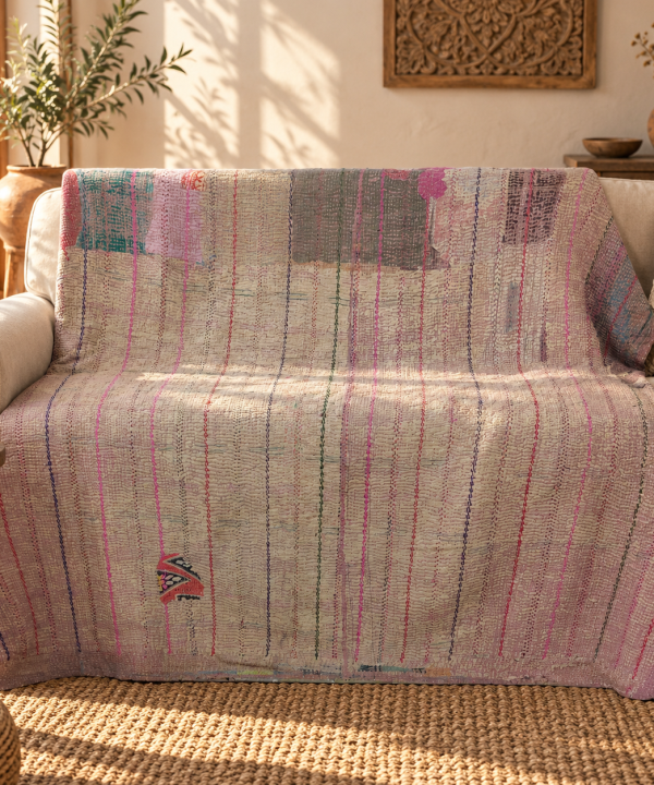 Vintage Dusty Pink & Beige Kantha Quilt 60x90 Inches – Handmade Striped Cotton Bedspread Throw