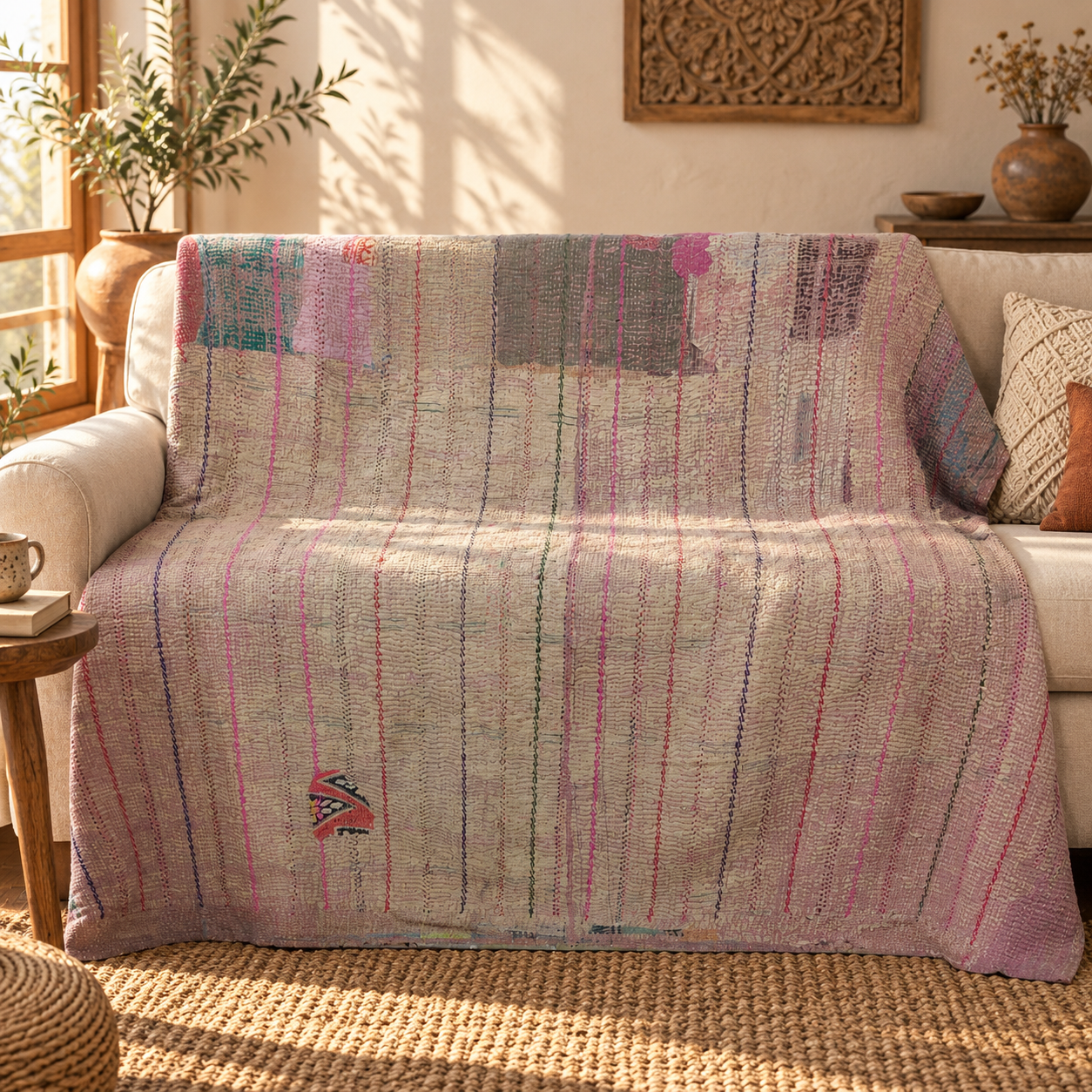 Vintage Dusty Pink & Beige Kantha Quilt 60x90 Inches – Handmade Striped Cotton Bedspread Throw