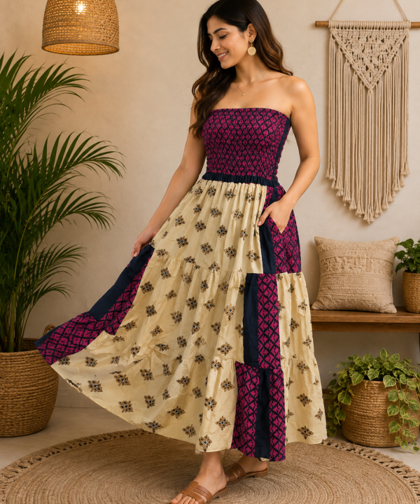 Pink Navy Blue & Cream Patchwork Maxi Dress – Strapless Smocked Tiered Boho Summer Dress