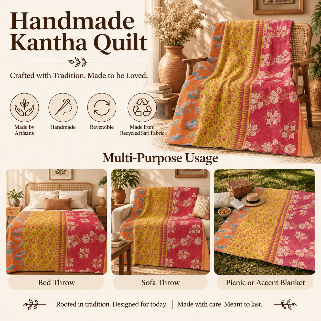 Vintage Pink Kantha Quilt – Handmade Floral Recycled Sari Bedspread, Reversible Indian Boho Throw Blanket - Image 4