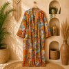Orange Floral Paisley Long Kimono Robe – Boho Printed Cotton Maxi Kimono Jacket for Women - Image 4