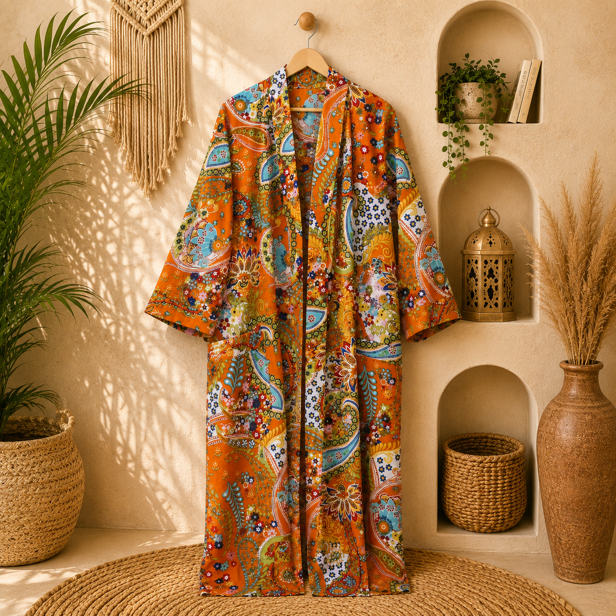 Orange Floral Paisley Long Kimono Robe – Boho Printed Cotton Maxi Kimono Jacket for Women - Image 4