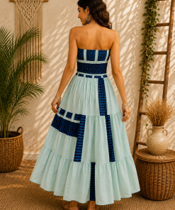 Alternative view of Mint Green & Navy Blue Maxi Dress – Strapless Smocked Tiered Boho Summer Dress