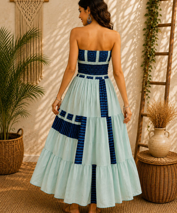 Alternative view of Mint Green & Navy Blue Maxi Dress – Strapless Smocked Tiered Boho Summer Dress