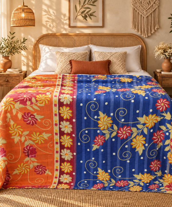 Alternative view of Vintage Handmade Kantha Quilt – Royal Blue Orange Floral Recycled Sari Cotton Bedspread, Indian Boho Throw