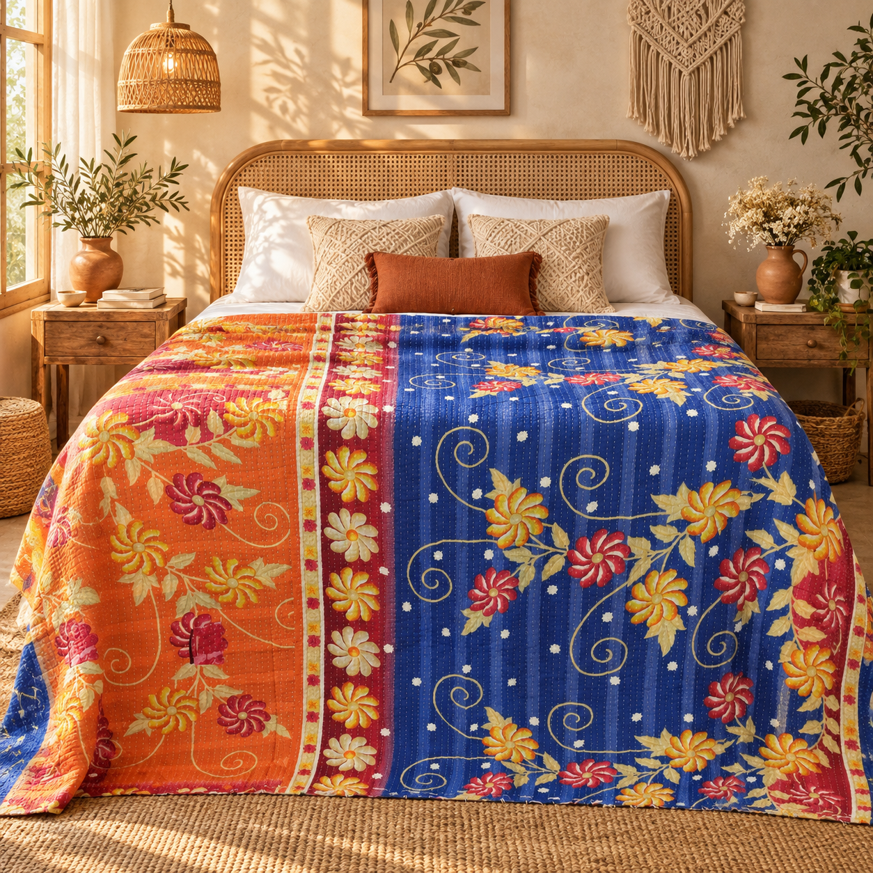 Vintage Handmade Kantha Quilt – Royal Blue Orange Floral Recycled Sari Cotton Bedspread, Indian Boho Throw - Image 2