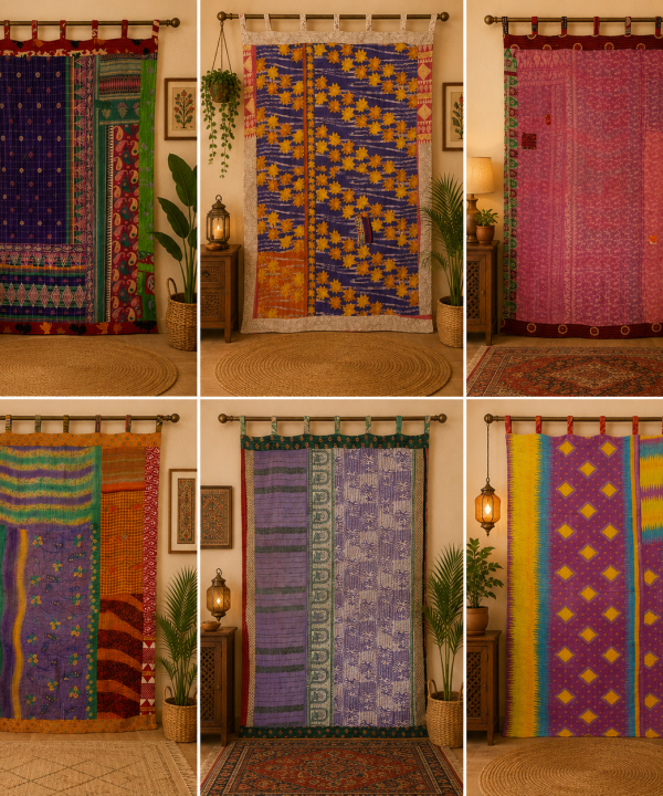 Purple Vintage Kantha Curtain – Handmade Cotton Patchwork Boho Indian Window Door Curtain – 1 Pc
