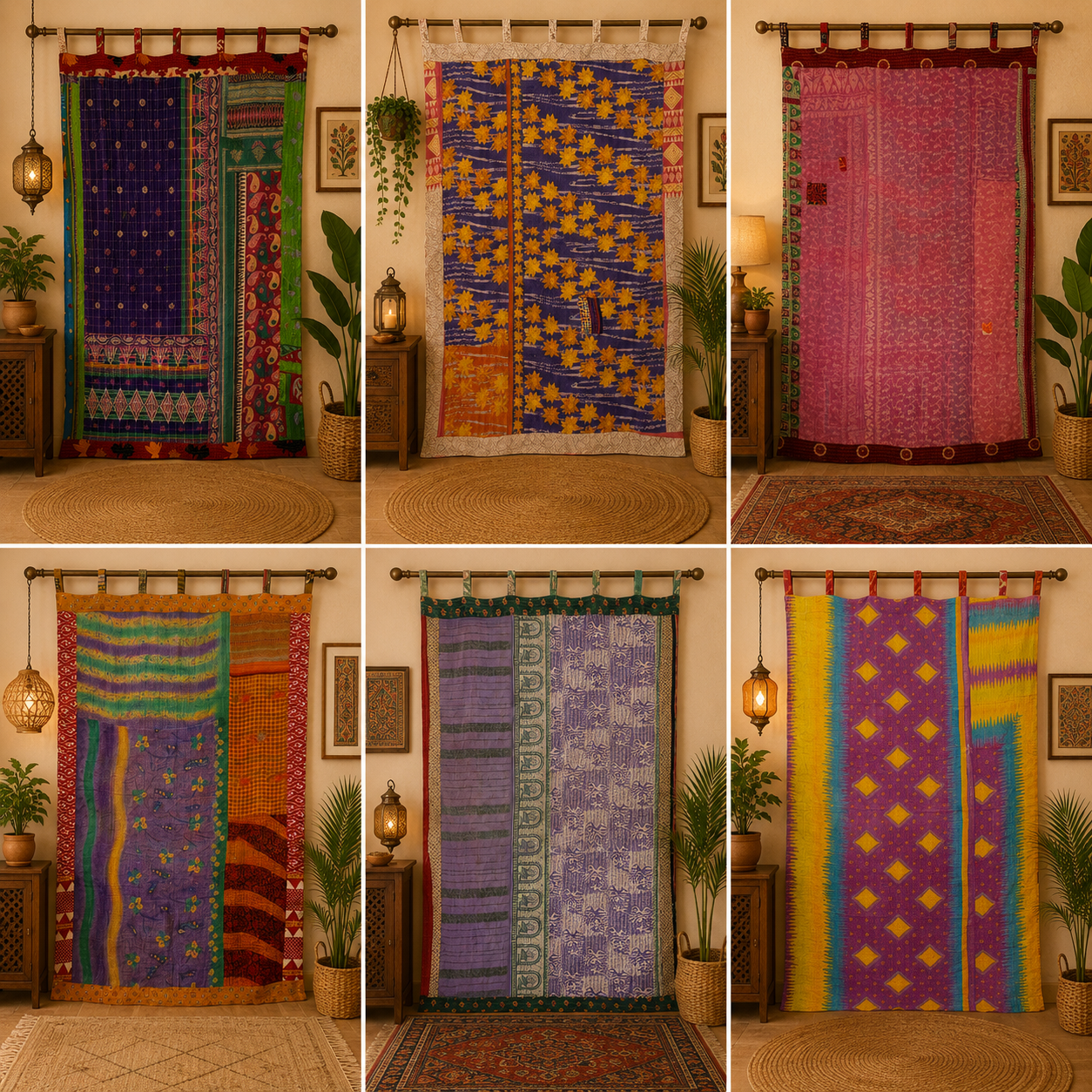 Purple Vintage Kantha Curtain – Handmade Cotton Patchwork Boho Indian Window Door Curtain – 1 Pc